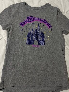 Disney Gray Tee with Purple Glitter Castle and Yellow Star Accents